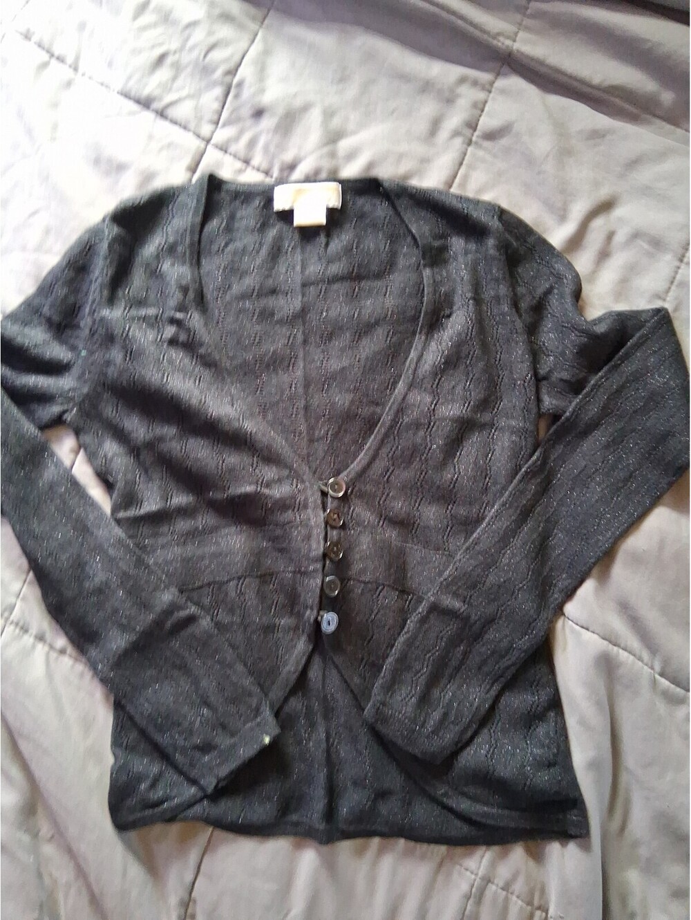 Michael Kors Cardigan Top Sweater Small Knit Black Shimmer Button V-Neck C2